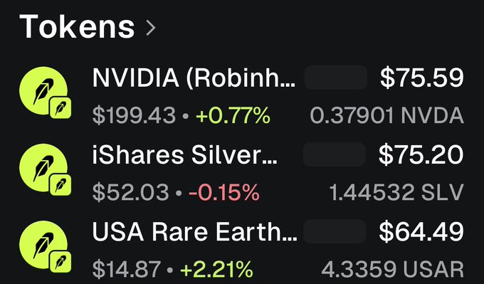 A mobile app interface lists cryptocurrency tokens including 'NVIDIA (Robinh...)' at $75.59, 'iShares Silver...' at $75.20, and 'USA Rare Earth...' at $64.49, along with their respective percentage changes.