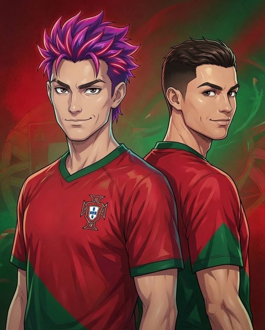 An anime-style illustration of two young men wearing red and green Portugal national football team jerseys, one with purple spiky hair and the other with brown hair.