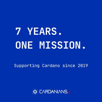 The image features a blue background with white text reading "7 YEARS. ONE MISSION." and "Supporting Cardano since 2019," along with the Cardanoians logo, commemorating the account's 7-year anniversary of sharing Cardano news, education, and ecosystem support.