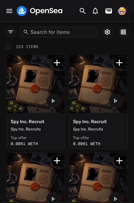 Screenshot of the OpenSea NFT marketplace showing a collection of "Spy Inc. Recruit" items from the "Spy Inc. Recruits" series, with each listing displaying a top offer of 0.0061 WETH. The image directly showcases the NFTs being discussed in the post, highlighting the "first agents" that have arrived and the early traction of the mint.