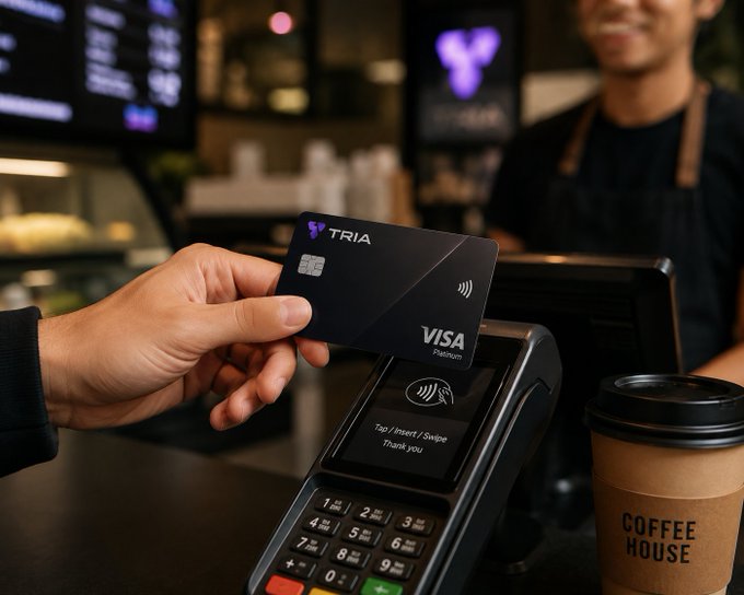 The image shows a person handing over a black credit card reader to another person at a coffee shop or restaurant. The credit card reader has a Visa logo on it, indicating that it's a Visa payment terminal. This scene highlights the convenience of contactless payments in today's digital age and how they have become an essential part of our daily lives.