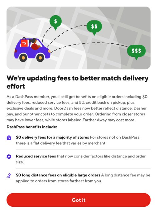 A DoorDash notification titled "We're updating fees to better match delivery effort," explaining new DashPass benefits including $0 delivery fees and reduced service fees.
