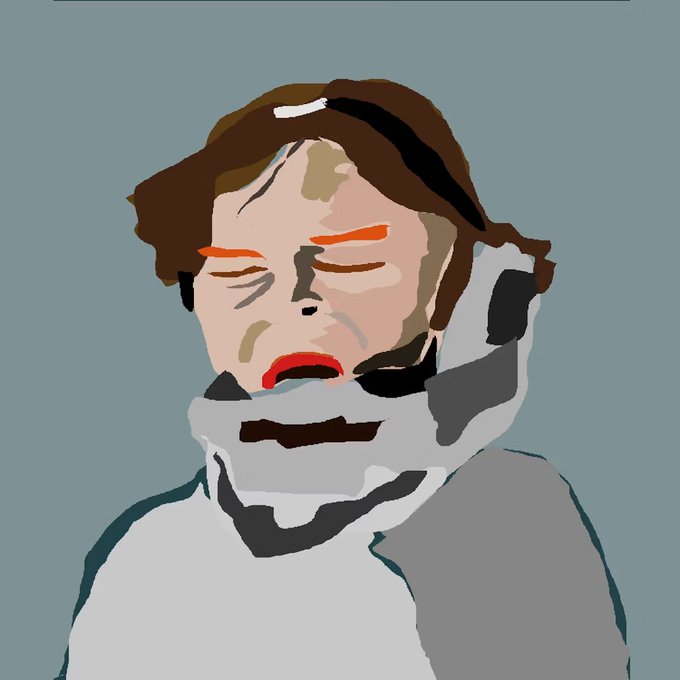 A rough digital painting or sketch of a person with brown hair wearing a white turtleneck and gray scarf, depicted with closed eyes against a gray background.