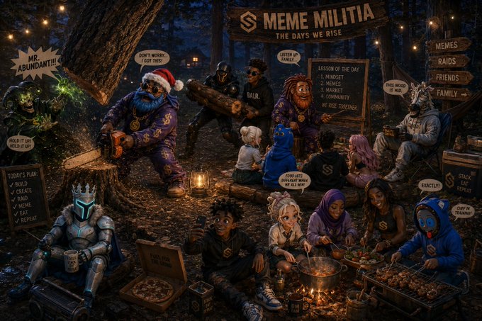 A digital illustration titled 'MEME MILITIA - THE DAYS WE RISE' depicting various internet meme characters gathered around a campfire in a forest setting, with signs listing rules and labels like 'MEMES', 'RAIDS', 'FRIENDS', and 'FAMILY'.
