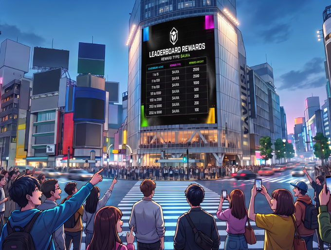 An anime-style illustration shows a crowd of people in a vibrant city at dusk, with many holding up phones and pointing toward a massive digital billboard displaying 'LEADERBOARD REWARDS' and a list of ranks with associated currency values.