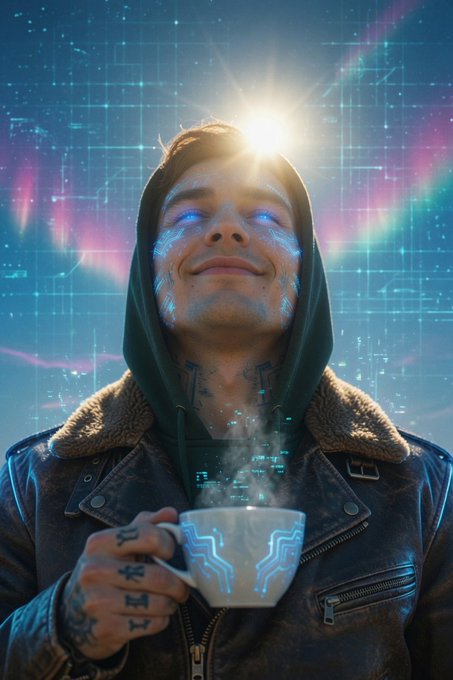 A man wearing a black jacket stands underneath blue neon lines, smiling as he holds a white coffee cup with a green design on its side. The background of the photo displays an abstract graphic that seems to be based on a grid of colors, with a sunburst effect that shines brightly above it all. In the top left corner, there is text that reads "GM Legends grinding @wallchain Portfolio red? My X Score still green That’s the real W today Coffee → charts → mindshare → repeat Quacks don’t lie Have a based Monday legends".