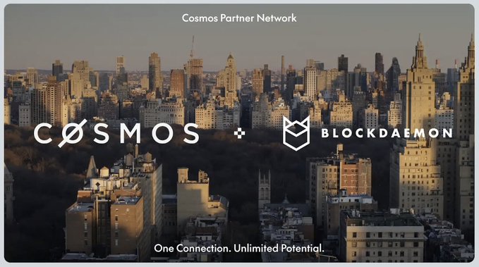 A partnership announcement banner for 'Cosmos Partner Network' featuring the Cosmos and Blockdaemon logos over a cityscape, with the tagline 'One Connection. Unlimited Potential.'