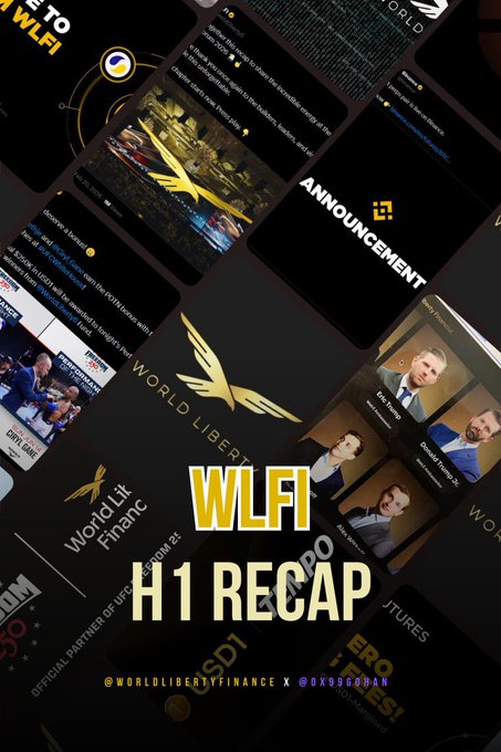 A promotional graphic featuring the WLFI (World Liberty Financial) golden logo and "H1 RECAP" text overlaid on a collage of screenshots showing news announcements, Forum 2026 coverage with Brian Armstrong, and partner cards for BitGo, Chainlink, and others, tying into the post's summary of USD1's expanding ecosystem footprint and institutional partnerships in the first half.