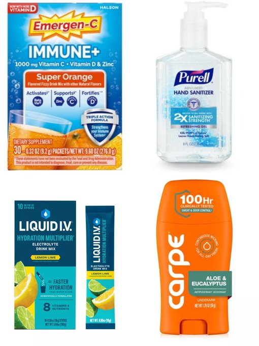 Four health and wellness products are displayed: Emergen-C Immune+ Super Orange drink mix, Purell hand sanitizer, Liquid I.V. hydration multiplier stick packs, and a Carpe antiperspirant deodorant.