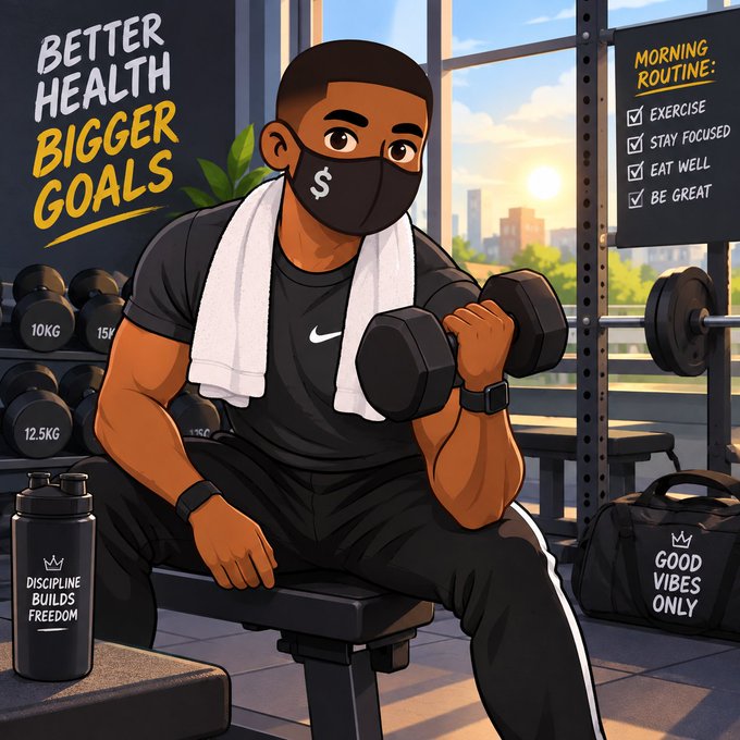 A cartoon illustration shows a muscular man lifting a dumbbell in a gym with motivational text including 'BETTER HEALTH BIGGER GOALS' and 'MORNING ROUTINE: EXERCISE, STAY FOCUSED, EAT WELL, BE GREAT.'