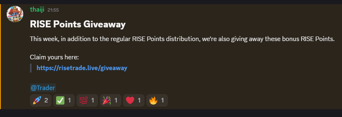 Discord message from user 'thaiji' announcing a 'RISE Points Giveaway' with a link to risetrade.live/giveaway.