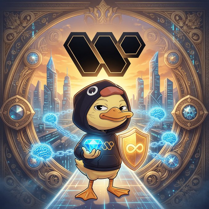A stylized illustration of a duck wearing a black hoodie, holding a glowing blue diamond and a golden shield with an infinity symbol, set against a futuristic cityscape with a hexagonal logo above.