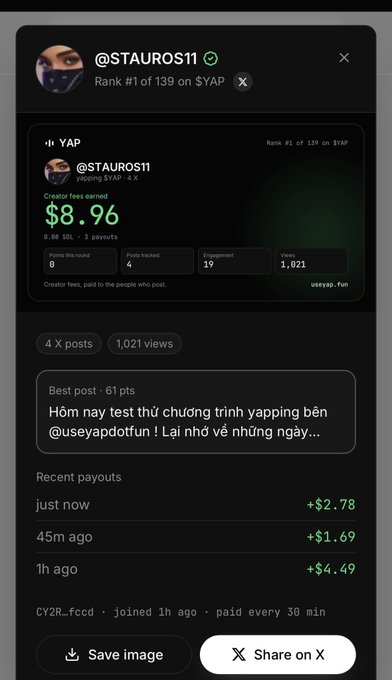 A screenshot of a YAP post by user @STAUROS11 showing creator fees earned of $8.96, with recent payouts listed and a caption in Vietnamese about testing a yapping program.