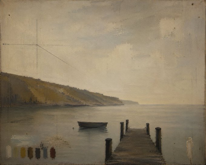 A muted landscape painting depicting a serene seascape with a small boat, a wooden pier, and distant hills under a cloudy sky, with color swatches visible at the bottom.