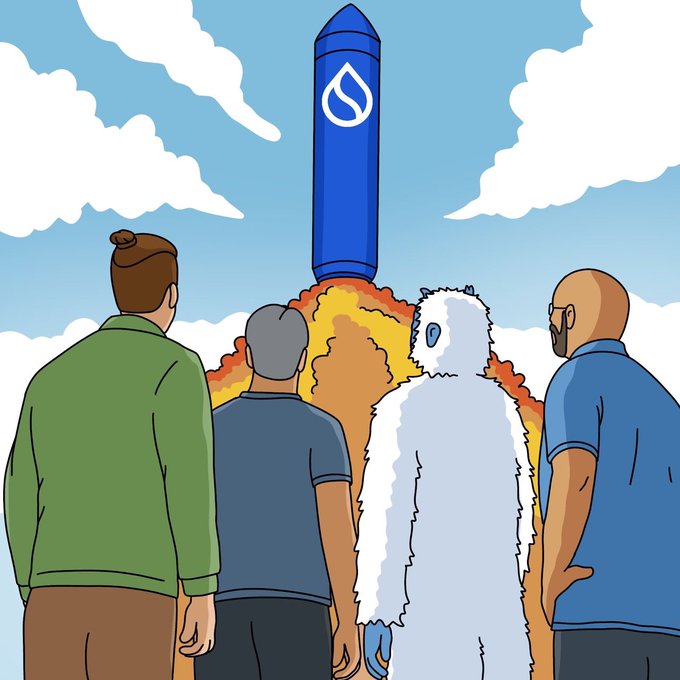 The image features a group of four people standing next to each other, with one person wearing a white furry costume that resembles an alien or a snowman-like creature. The rocket depicted in the background has the word "SpaceX" written on it, indicating that they are talking about a recent space launch by SpaceX. The post also mentions that this is a $SUI (space shuttle) caption, which could be related to the rocket's launch event or another space-related topic.

The group of people appears to be engaged in conversation and observing the rocket together.