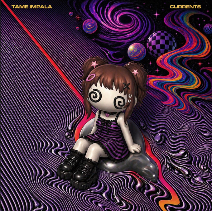 The image features a cartoon girl sitting on a rock with purple swirls surrounding her. The background of the image has purple lines, which are part of an album cover for "Clip" by Tame Impala featuring the song "Solana".