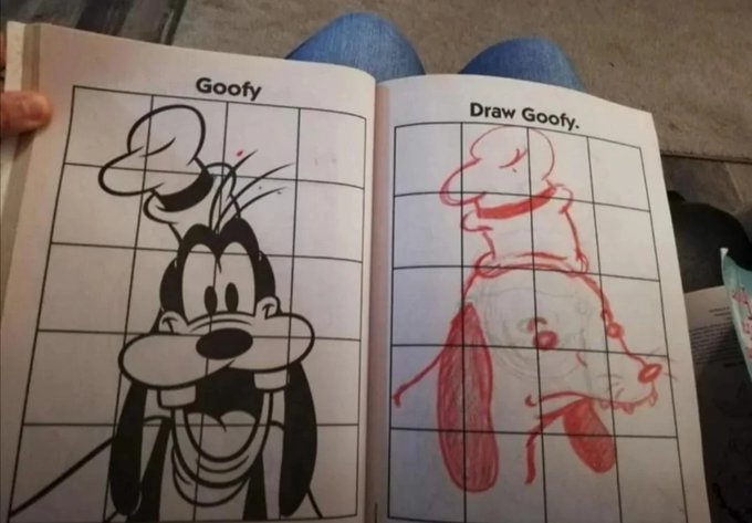 An open "Learn to Draw" book shows the character "Goofy" on the left page and a child's red crayon attempt to "Draw Goofy" on the right page.