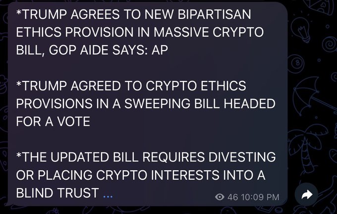News bulletin screenshot with bullet points announcing 'TRUMP AGREES TO NEW BIPARTISAN ETHICS PROVISION IN MASSIVE CRYPTO BILL, GOP AIDE SAYS' and noting the bill requires divesting crypto interests into a blind trust.