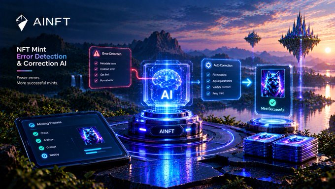 A futuristic promotional graphic for 'AINFT' showcases an 'NFT Mint Error Detection & Correction AI' system, featuring a glowing AI brain processing a holographic NFT mint with labeled error detection and auto-correction stages.