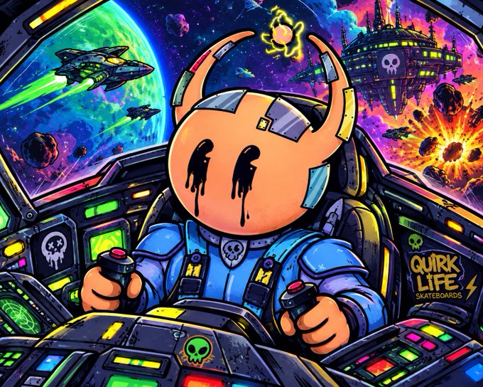 Vibrant comic-style illustration of a crying cartoon alien pilot in a spaceship cockpit with a space battle outside, branded 'QUIRK LIFE SKATEBOARDS'.