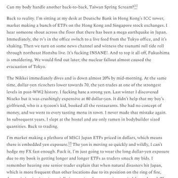 A text passage titled 'Can my body handle another back-to-back, Taiwan Spring Scream?' narrates a personal anecdote about an earthquake in Tokyo and exposure to MSCI Japan ETFs.