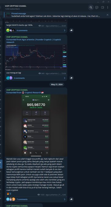 A Telegram channel called 'VWP CRYPTOZ CHANEL' showing posts in Indonesian about MANTA up 100% and a portfolio screenshot displaying $65,987.70, dated May 21, 2024.