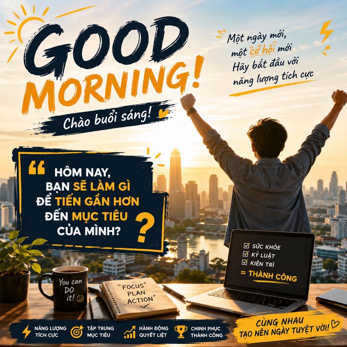 A motivational 'Good Morning!' graphic in Vietnamese featuring a man with raised arms facing a sunrise cityscape, a 'FOCUS PLAN ACTION' notebook, a 'You can DO it!' coffee mug, and text asking what the viewer will do today to get closer to their goals.