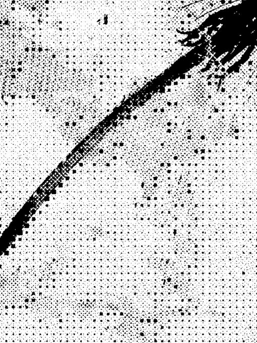 A black and white pixelated/dithered image showing what appears to be a hand or claw reaching down diagonally across a grainy background.
