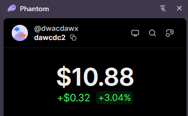 The image shows the Phantom wallet interface for user "@dwacdawx" (dawcdc2) displaying a Solana balance of $10.88, which has increased by $0.32 or 3.04% in green text below the balance. This wallet appears to be the one referenced in the post offering a free $10 Solana wallet to the first person who claims the private key.