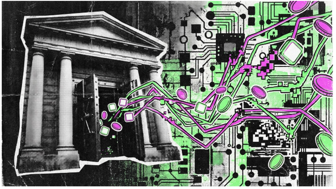 Stylized illustration combining a black-and-white image of a classical bank or courthouse with columns alongside a green circuit board and magenta network/AI graphics, symbolizing the intersection of traditional finance and technology.
