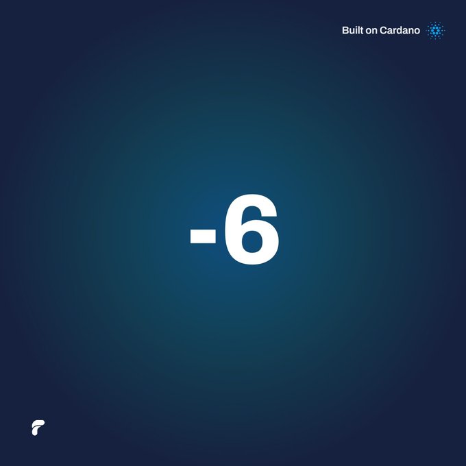 A dark blue graphic displays a large white '-6' in the center with 'Built on Cardano' text in the top right corner.