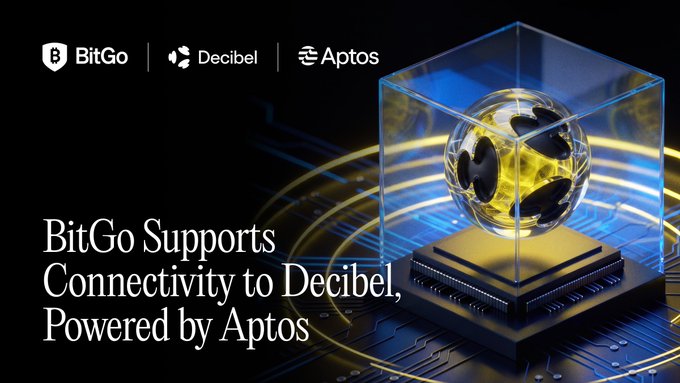 BitGo, Decibel, and Aptos logos appear alongside a golden globe in a glass cube, with the headline "BitGo Supports Connectivity to Decibel, Powered by Aptos," announcing trading support between the platforms.