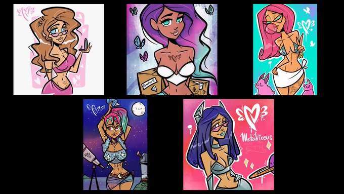 A collection of five cartoon-style digital illustrations featuring stylized female characters with vibrant hair colors, one labeled "Melvixeus."