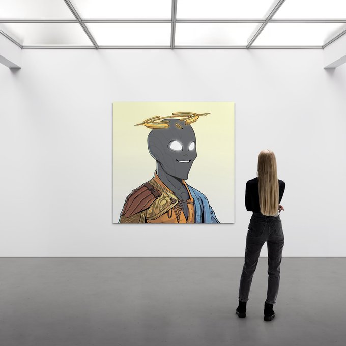 A woman with long blonde hair stands in a minimalist white gallery viewing a pop-art portrait of a superhero character wearing a golden halo.