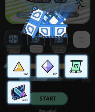 A screenshot of a mobile game interface showing an inventory of items including a gold pyramid (x6), purple octahedron (x2), a scroll (x1), and colorful tickets (x32), with a green 'START' button.