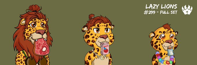 Three cartoon cheetah/leopard NFT characters from the 'Lazy Lions #299 - Full Set' collection, each wearing different accessories and consuming beverages.