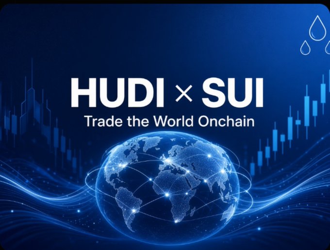 A blue financial graphic reads “HUDI × SUI” and “Trade the World Onchain,” with a glowing digital globe, network lines, and candlestick charts in the background.