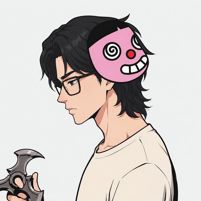 A young man with glasses and wavy black hair wears a pink eccentric mask featuring swirly hypnotic eyes, a red clown nose, and a toothy grin, while holding a dark, ornate weapon or tool. The image playfully complements the bullish crypto sentiment in the post, with the chaotic, unhinged mask mirroring the "bullish AF" energy for the $RIVER token.