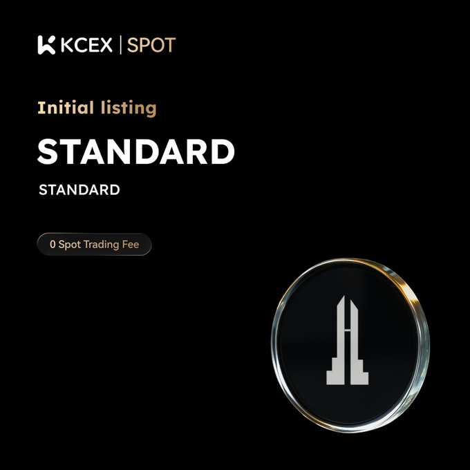 A KCEX SPOT exchange announcement for the initial listing of the STANDARD token, noting 0 Spot Trading Fee.