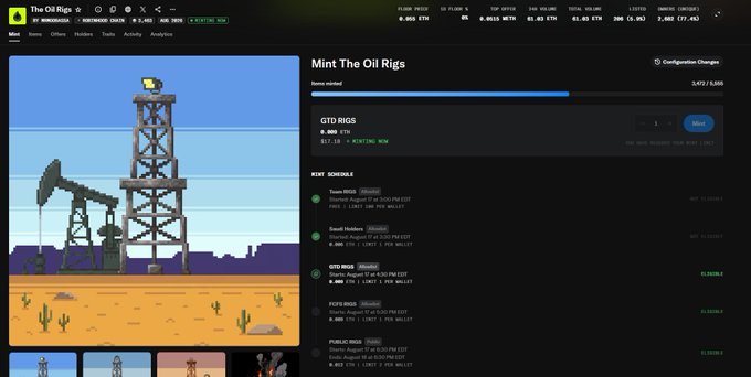 A screenshot of the "The Oil Rigs" NFT collection on Rarible showing a mint page for token #3861, with a current floor price of 0.055 ETH, supporting the post's claim that holders of realstonkbroker NFTs are eligible for an allowlist mint at 0.01 ETH when the collection's floor is significantly higher.