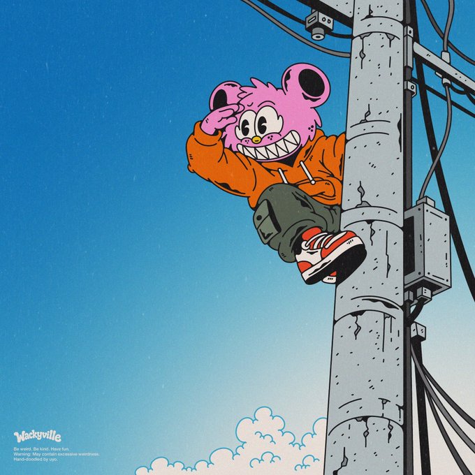 A cartoon illustration shows a pink bear-like character in an orange hoodie saluting while perched on a concrete utility pole against a blue sky with clouds, branded 'Wackyville'.