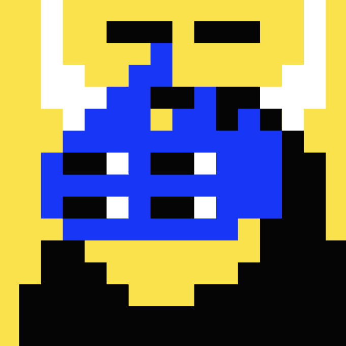 A pixel art image on a yellow background showing abstract blue, black, and white shapes forming a blocky figure.