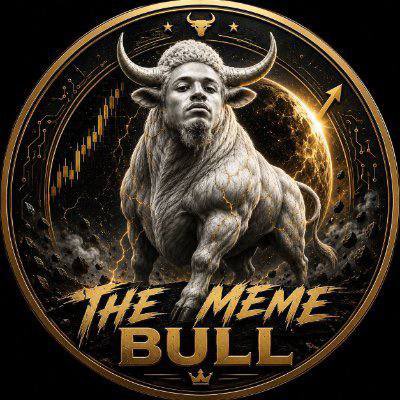 A circular gold emblem features a powerful bull with a human-like face, accompanied by stock market chart elements, lightning effects, and the text "THE MEME BULL" at the bottom, symbolizing bullish momentum in the crypto market. The image ties directly to the post's announcement of an upcoming MEXC listing and airdrop, with the bull representing the project's aim to reach a $1 million target and reward its community of holders.