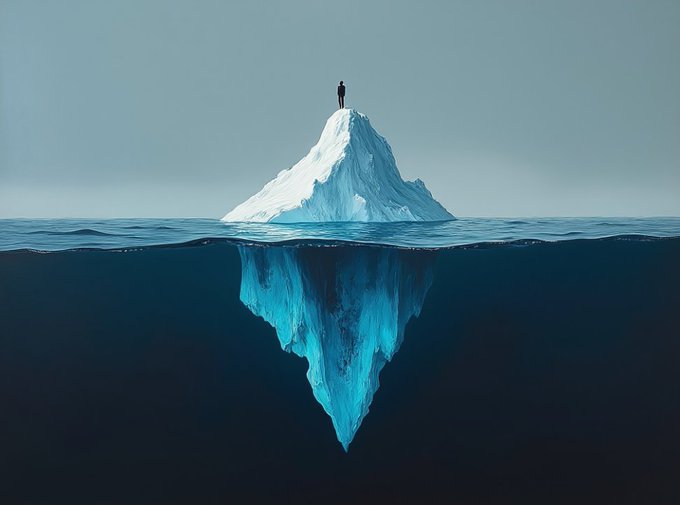 A solitary figure stands atop a white iceberg floating in the ocean, with the massive blue underwater portion of the iceberg visible beneath the water's surface.