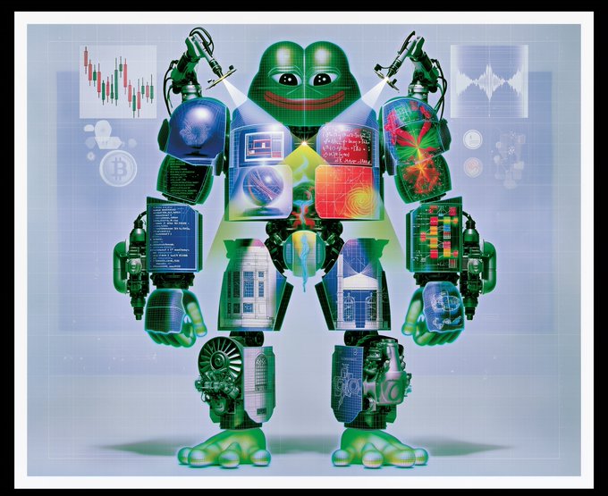 The image features a green robot with two arms, each holding an object that resembles a computer mouse or keyboard. One of the arms has a small screen attached to it, while the other arm holds a keyboard. The robot also has a face painted on its head and a smiley expression. The background is white, which contrasts with the vibrant colors of the robot's design. The image includes text that reads "PEPE-01".
