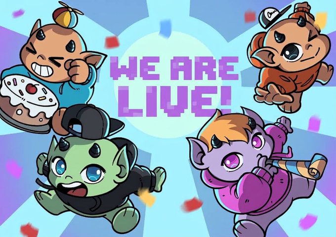 A colorful digital illustration featuring four cartoon monster characters with the text 'WE ARE LIVE!' in pixelated purple letters.