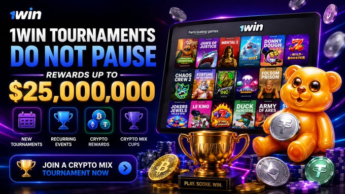A promotional banner for '1win' advertising tournaments that 'DO NOT PAUSE' with rewards up to $25,000,000, featuring icons for new tournaments, recurring events, crypto rewards, and crypto mix cups, alongside a tablet displaying various participating games.