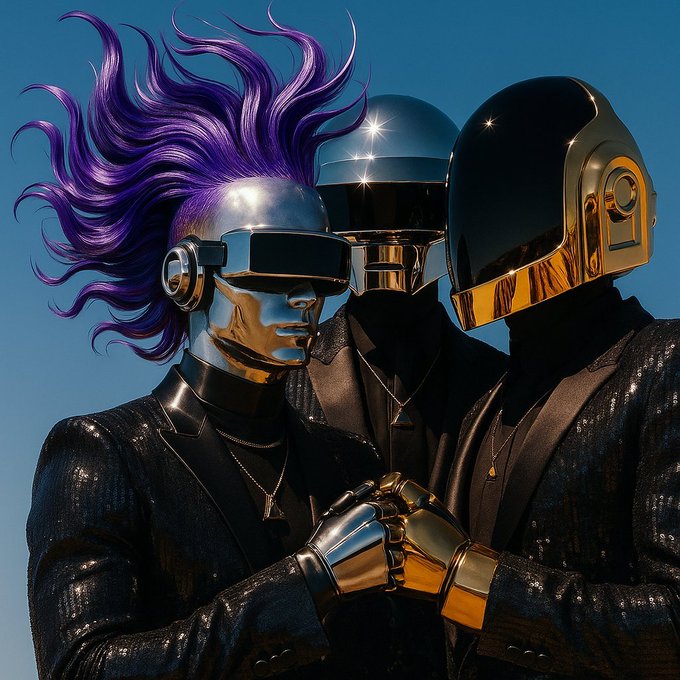 Three metallic, futuristic figures resembling the Daft Punk duo stand together against a blue backdrop, with the leftmost robot sporting vibrant purple flowing hair—a creative reimagining of the iconic electronic duo as a stylized character. The image visually brings to life the post's suggestion of "turning dapppunk into a character," blending the signature helmeted aesthetic of the real Daft Punk with a bold, fantastical twist.