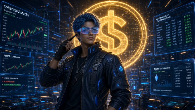 A digital artwork depicts a young man with blue hair, glasses, and a futuristic jacket holding a glowing golden dollar sign symbol, surrounded by holographic screens displaying 'tokenized stocks', 'agent commerce', and 'AUTOMATED API CULCULATED (sic)' data.