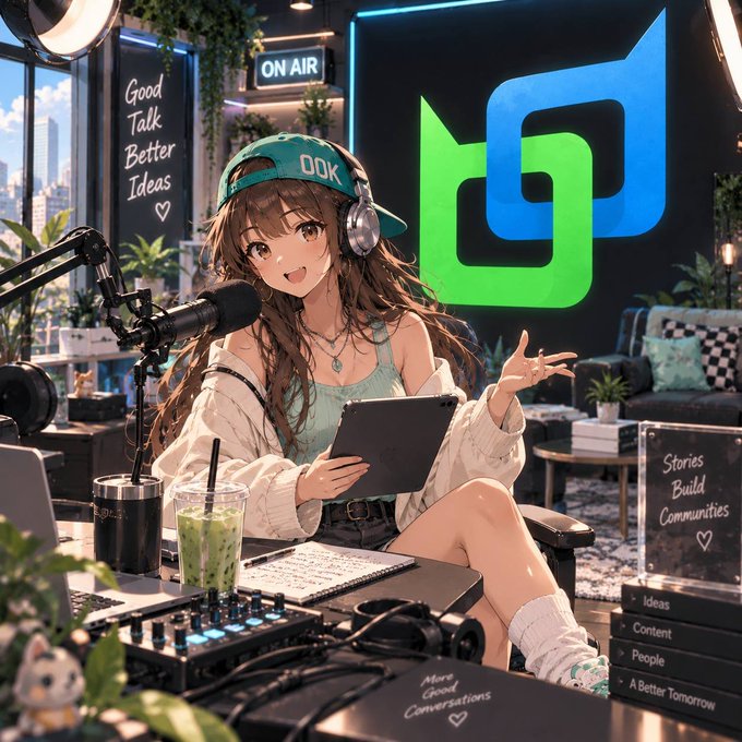 An anime-style illustration of a girl wearing a cap and headphones in a podcast studio, with an 'ON AIR' sign and slogans like 'Good Talk Better Ideas' and 'Stories Build Communities' visible in the background.